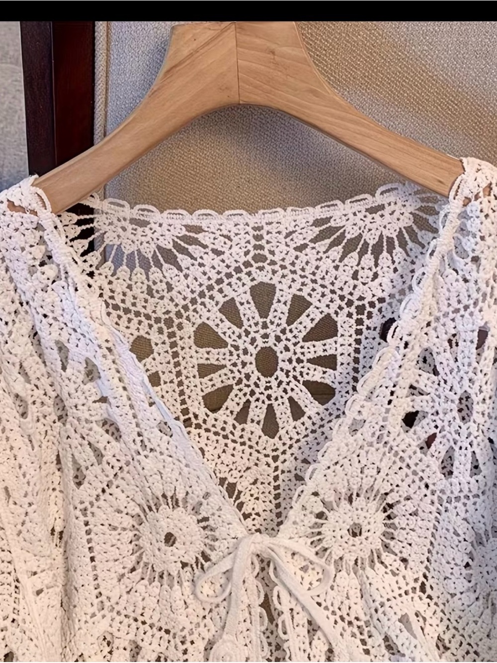 White Crochet V-Neck Bell Sleeve Sweater - Picture 4 of 5